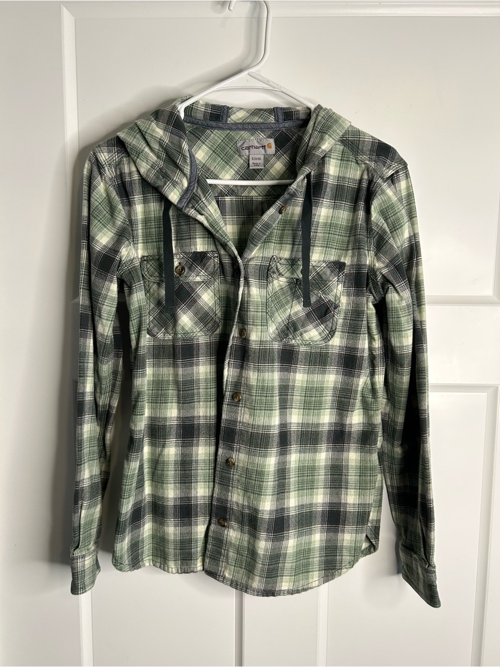 Carhartt Women's Green Plaid Hooded Flannel Shirt Small Cotton 2141